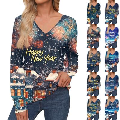Женская мода повседневный свитер с длинным рукавом и V-образным вырезом с рождественским принтом