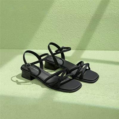 Нескользящие сандалии на толстом каблуке с ремешком на пряжке в одно слово, летние новые, женские универсальные элегантные сандалии на среднем каблуке