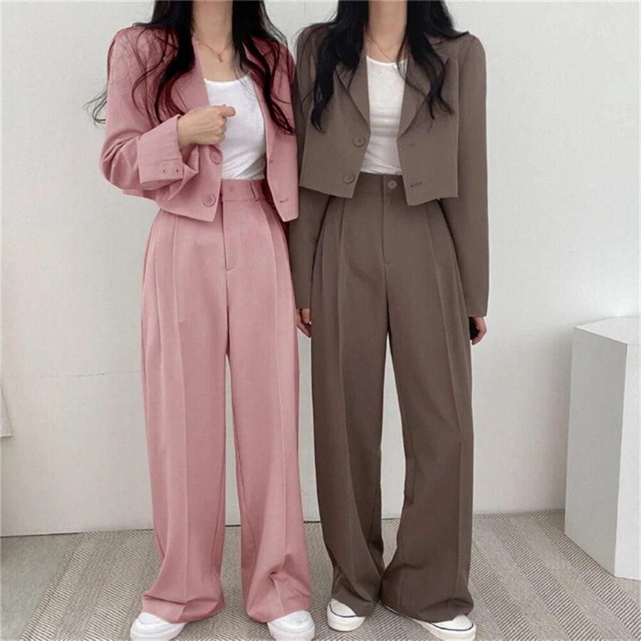 Ladies Short Suit Suit Casual Loose Jacket Coat High Waisted Wide Leg Pants Set