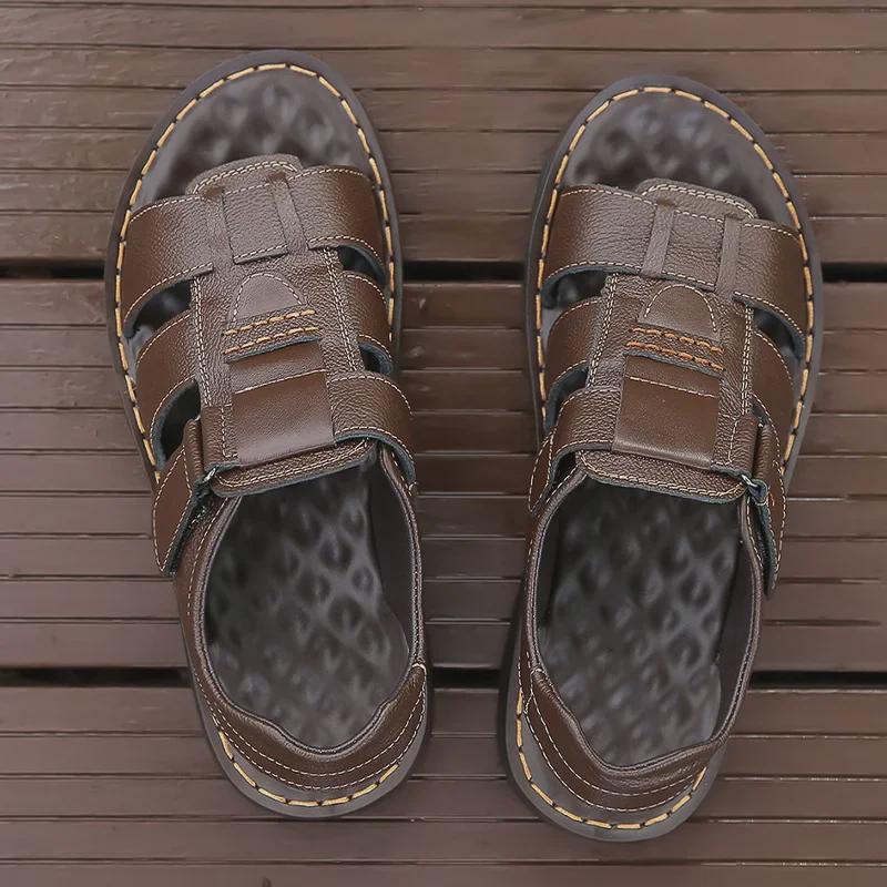 Men's 2024 Summer Genuine Leather Breathable Sandals - Versatile, Soft Bottom, Beach-Ready.