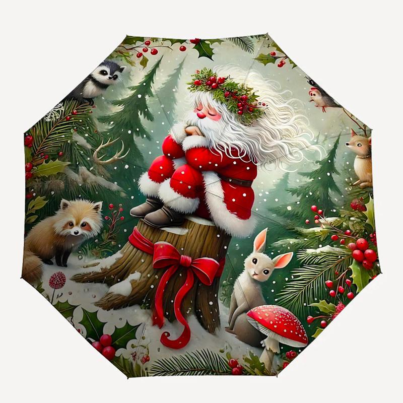 1pc Christmas Forest Santa & Friends Automatic Opening Folding Umbrella, 8 Rib Iron Frame Outdoor for Fans, Travelers, Daily Use, Festive Gift.N049