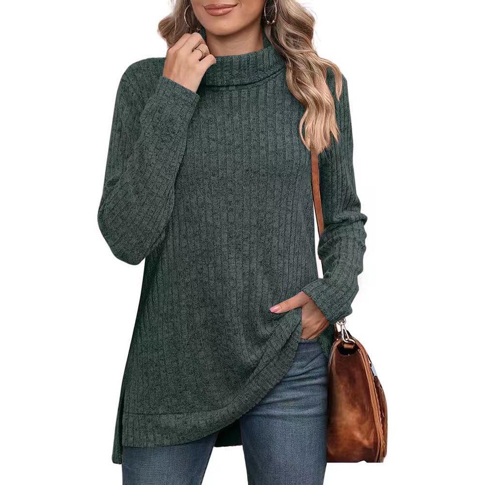 Women's Top Turtleneck Sweaters Side Slit Solid Color Pullovers Autumn and Winter Long Sleeve T-shirt Knitted Sweaters