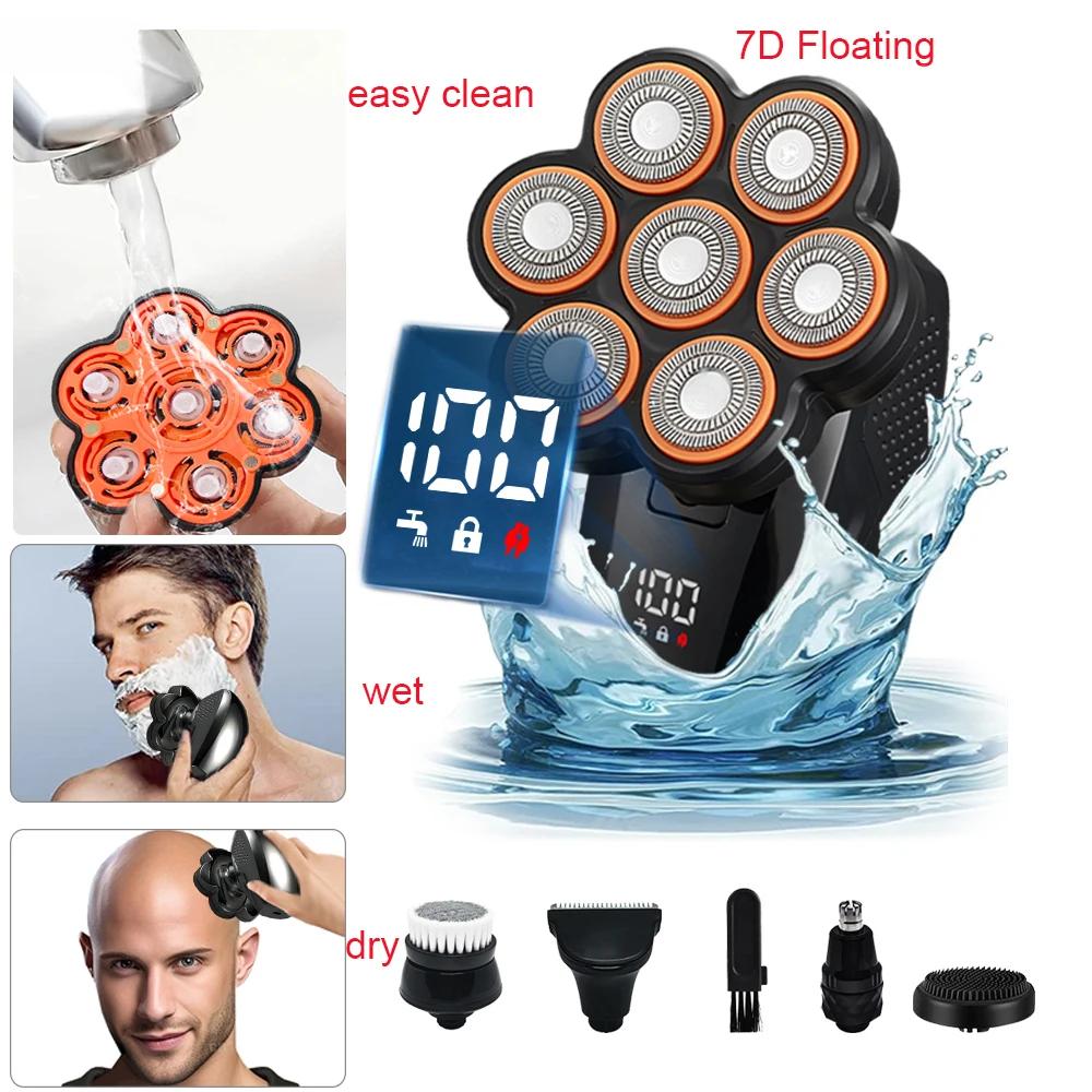 Электробритва Мужская 7D Плавающая Бритва для Бороды и Лысой Головы Водонепроницаемая Бритвенная Головка для Влажного и Сухого Бритья Портативная Мини Перезаряжаемая Мужская Бритва для Черепа