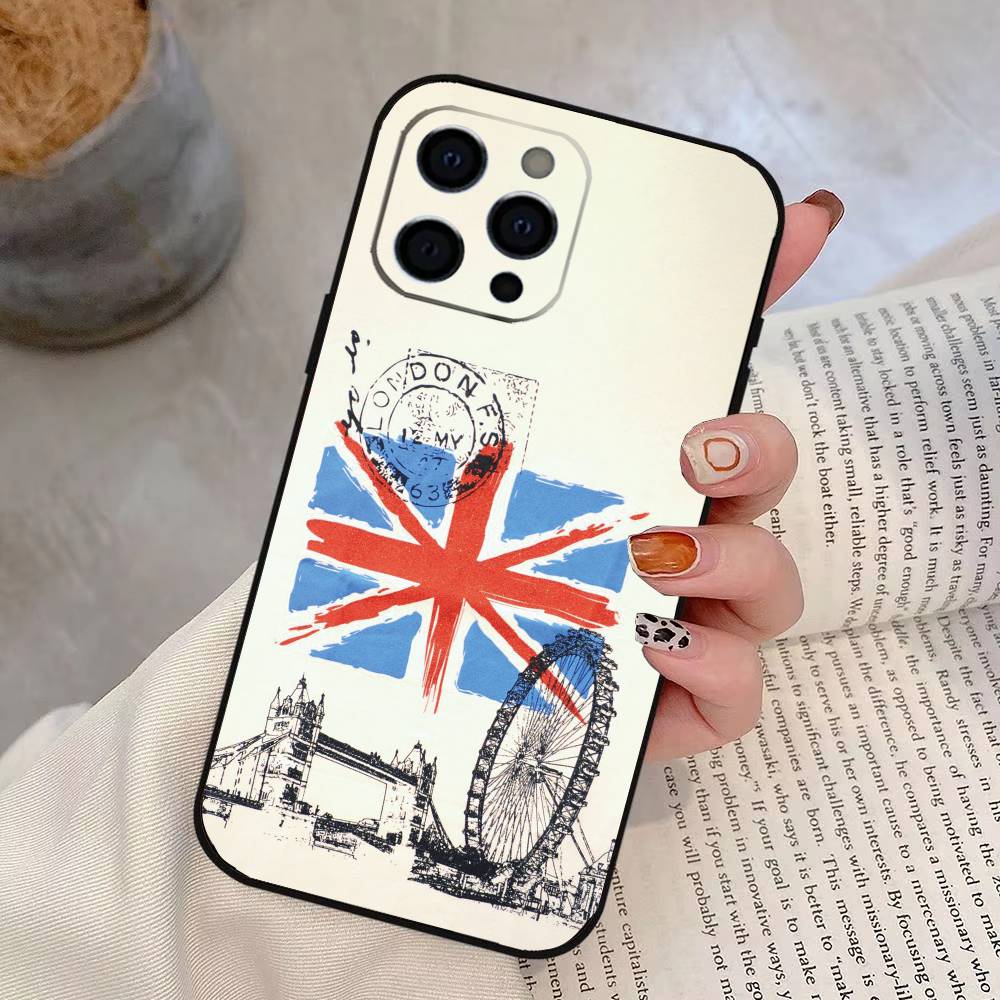 Чехол для телефона с флагом Великобритании для iPhone 17, 16, 15, 14, 13, 12, 11 Plus, Pro Max, Другие Мягкий Черный Чехол