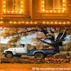 2D plane, 1 vintage truck hay bale pumpkin autumn tree background, birthday commemoration