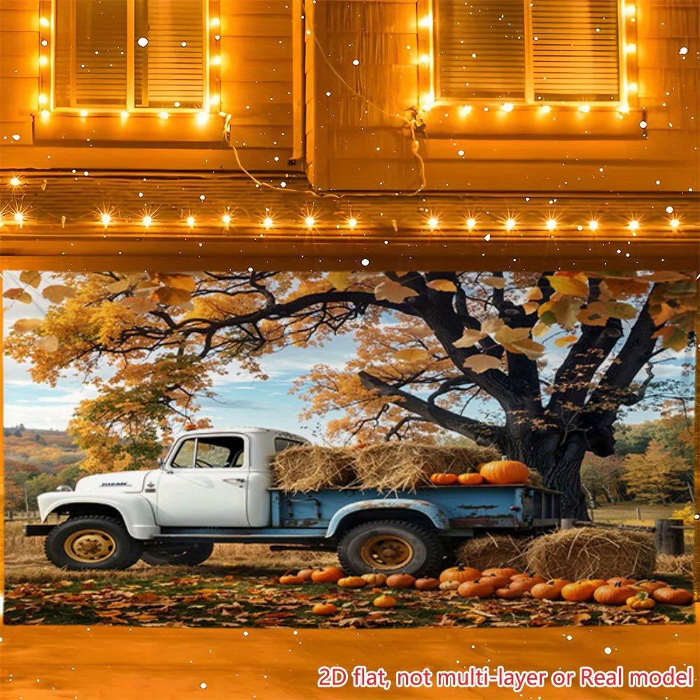 2D plane, 1 vintage truck hay bale pumpkin autumn tree background, birthday commemoration