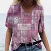 Vintage Plaid Print Women's T-shirt Hot Blouse Summer V-Neck Casual Short Sleeve Tees Female Oversized Tops Daily Clothing
