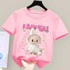 Labubu Mokoko Children's T-shirt Cartoon Round Neck T-shirt New Girl Clothes Cute Short-sleeved Children's Pink Clothing