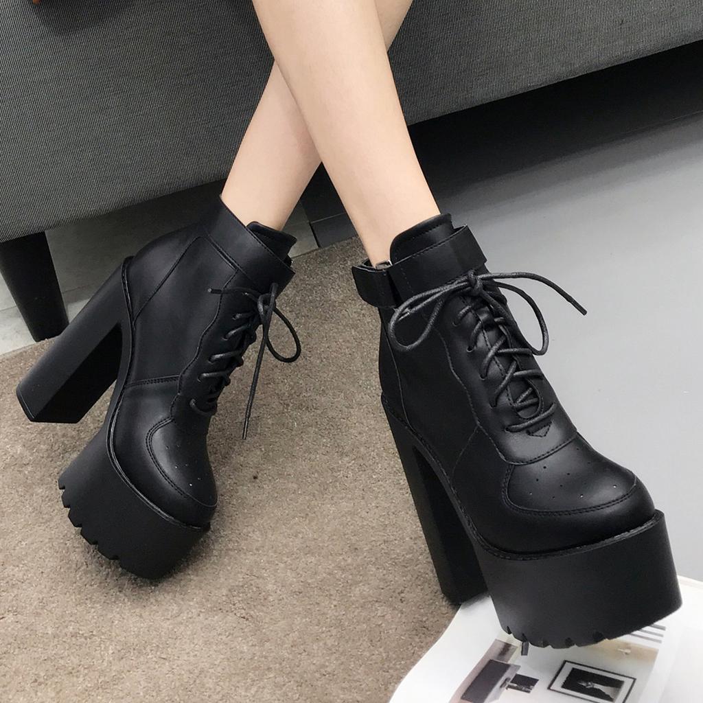 Fashion Black Platform Boots Women Zipper Autumn High Heels Shoes Lace Up Ankle Boots Russian Shoes