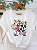 Smiling Cow and Bird Cartoon Printed Women's T-shirt Healing Style Fun Round Neck Short Sleeve Casual Top Fashion Women's Top