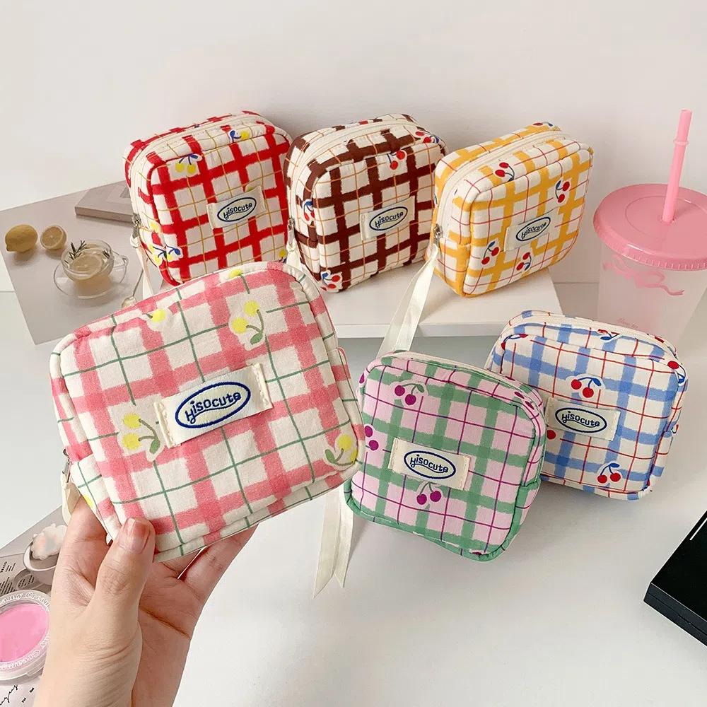 Large Capacity Korean Pencil Bag Checkered Cartoon Cherry Makeup Bag Office Supplies