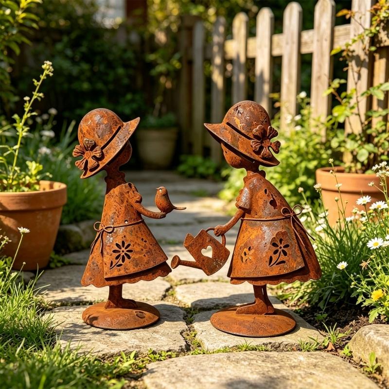 Girl Garden Figure in Iron with Skirt Openings, Warm Finish, and Round Base for Porch, Balcony, Lawn, and Indoor Decoration