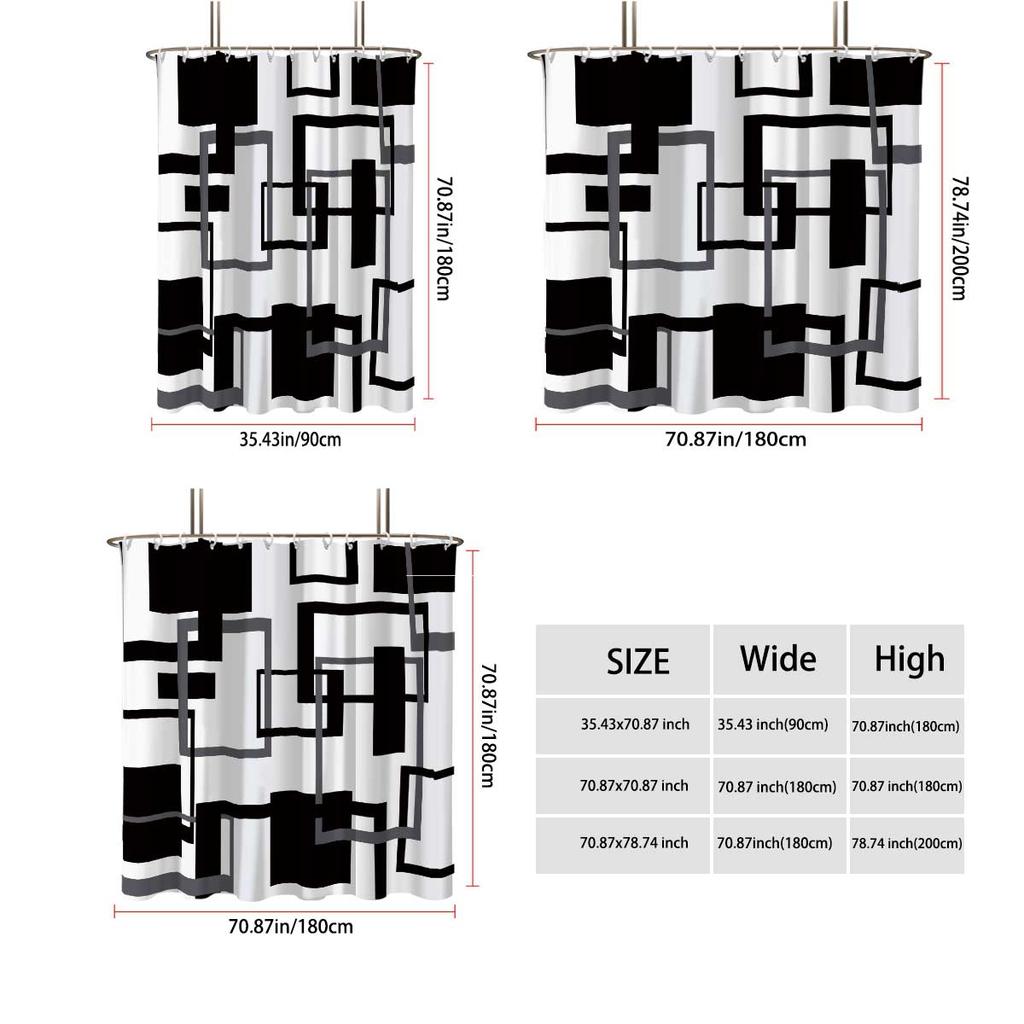 1pc Black and White Abstract Geometry Shower Curtain,with 12 Hooks,Machine Washable, for Shower Partition and Privacy Protecti