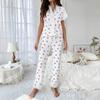 European & American Style Women's Pajamas: Cherry Print Tee with Sexy Lace Collar and Slim-fit Long Pants
