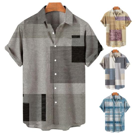Short Sleeves Lapel Men Shirt Geometric Print Buttons Closure Sweat Absorbent Breathable Casual Striped Hawaiian Print Shirt Streetwear