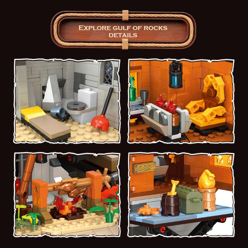 1487Pcs Pirate Series Rock Bay Moc Building Blocks Set Diy Architectural Model Assembly Toy Creative Ornament Kids Birthday Gift