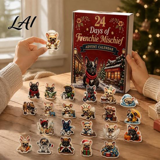 Holiday Party Favors 2D Acrylic French Bulldog Christmas Advent Calendar Surprising Box Ornament Pendants Set Cute Xmas Countdown Hanging Charms for