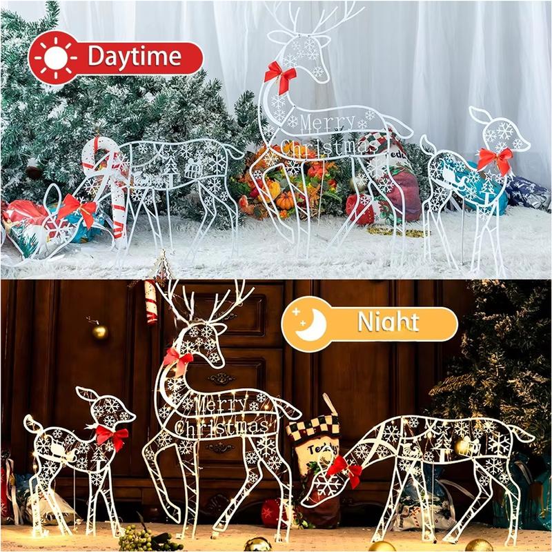 3PCS Handmade Iron ArtElk Deer Christmas Garden Decor &LED Light Glowing Glitter Reindeer Xmas Home Outdoor Yard Decor