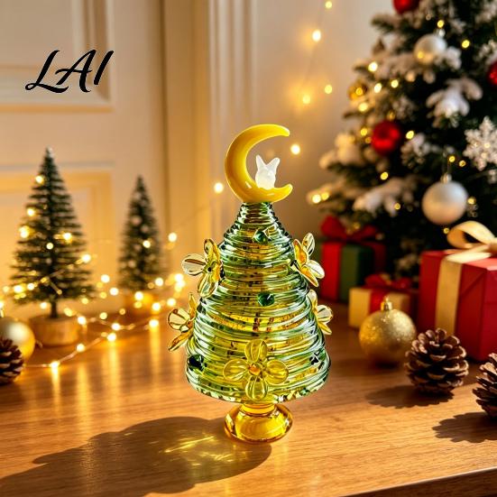 Christmas Tree with Colorful Dots Glazed Figurine Star Moon Decor Glass Rotating for Office Wire Wrapped Desk Mini Holiday Tabletop Ornament Unique