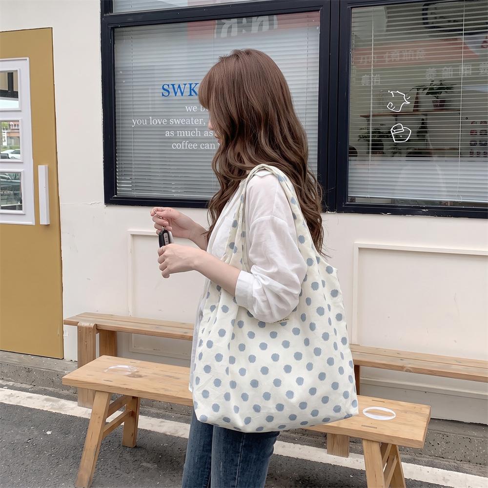 Korean Ins Blue Polka Dot Tote Bag Large Capacity Student Class Shoulder Bag Commuting Shopping Bag