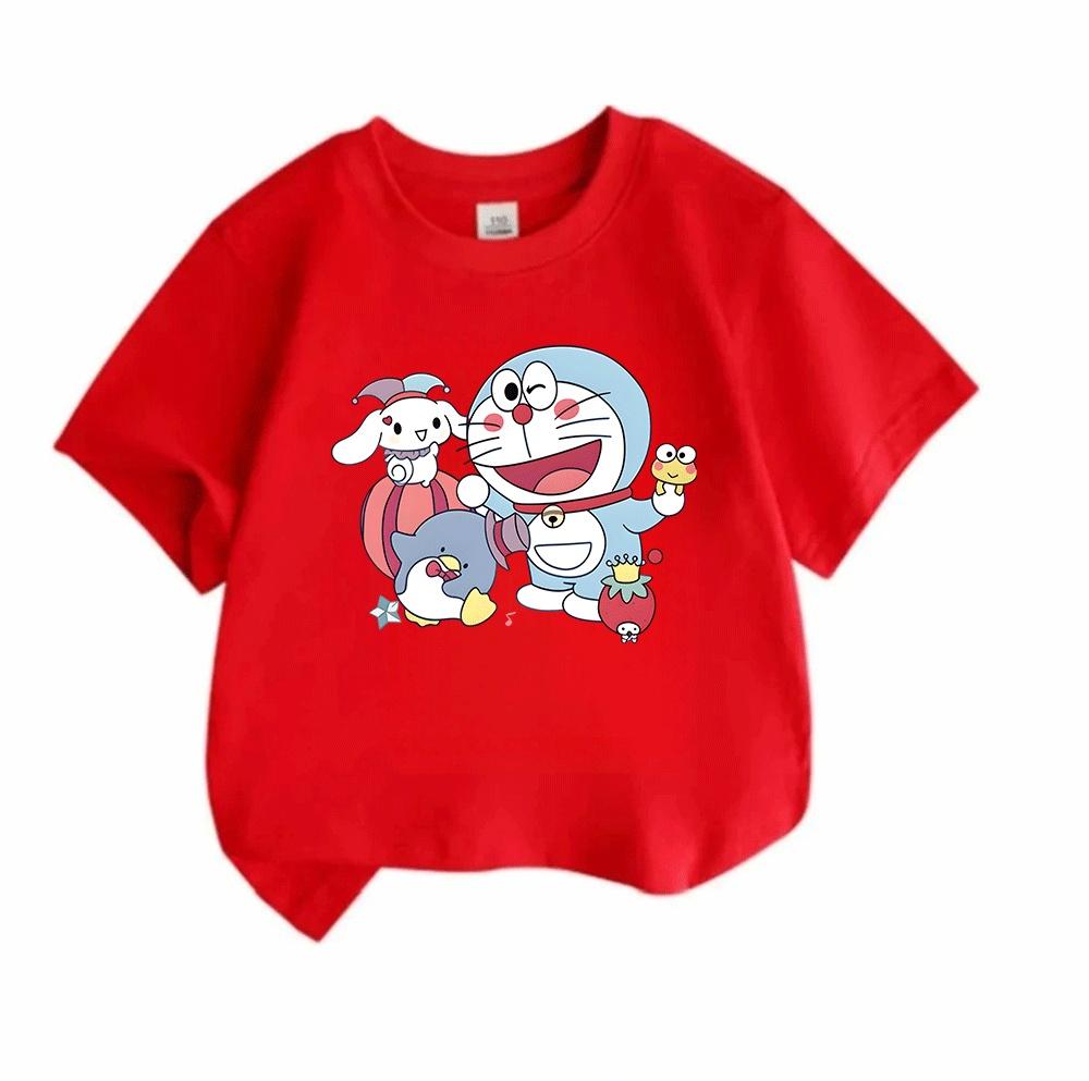 Kids Boys Girls Crew Neck Short Sleeve T-Shirt, Cute Cartoon Robot Cat With Animal Friends Print 100% Cotton Casual Tees, Soft Breathable Summer Top F