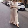 Women Dress Lapel V-Neck Long Sleeve Lace-up High Waist Long Dress Solid Color Pleated Hem Shirt Dress