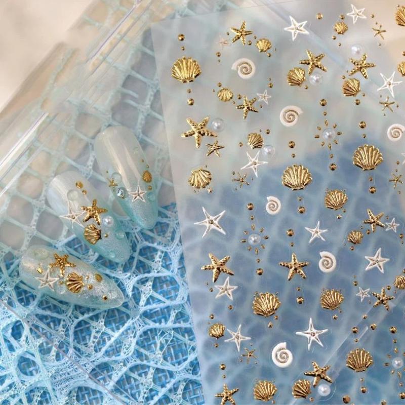 Gold Stamped Shell Conch Scallop Starfish Pearl 5D Embossed Self Adhesive Nail Art Stickers Delicate Ocean Style Manicure Decals