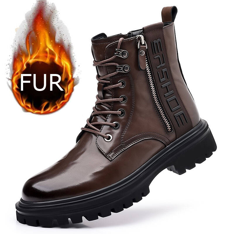 Winter Men's Brand Side Zipper Business Casual High Top with Plush Cotton Boots Fashionable Men's Lace Up High Top Leather Boots