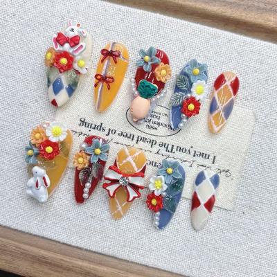 Квадратные накладные ногти миндалевидной формы, французский маникюр с 3D-дизайном, акриловые ногти с полным покрытием на клеевой основе, искусственные накладные ногти для женщин