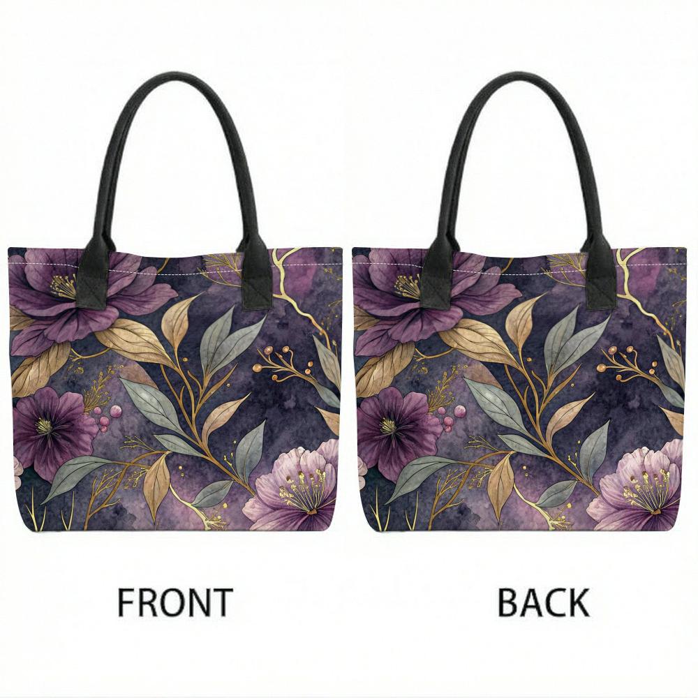 Elegant Purple Floral Tote Bag Large Capacity Reusable Shopping Shoulder Bag for Daily Use