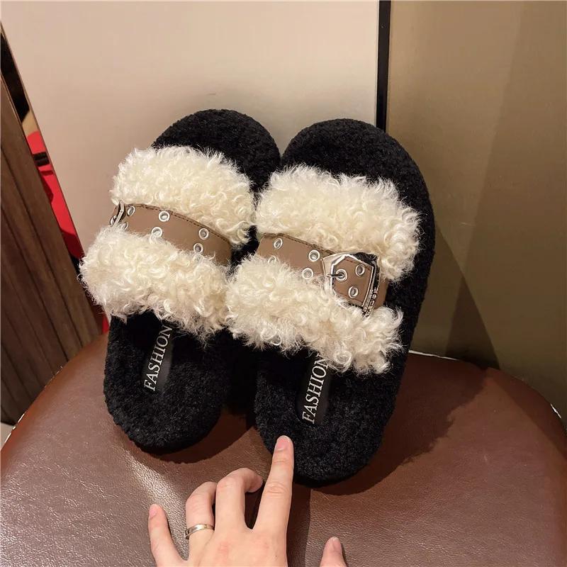Fashion 2024 Winter Women's Thick Bottom Belt Buckle Slippers Outdoor New Round Head Warm Plush Cotton Slippers