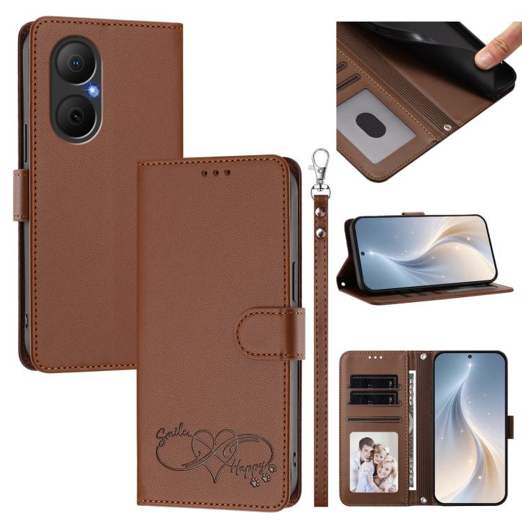 Happy Heart Pattern Magnetic Closure Vegan Leather Phone Case with Wrist Strap For Huawei Mate 60