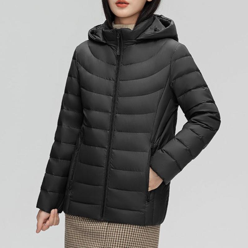 Женский пуховик с капюшоном, съемный, легкий, однотонный, простой, с 90% белого утиного пуха