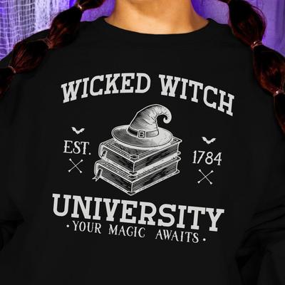 Wicked Witch University Graphic T-Shirt and Kids Tshirt, Your Magic Awaits, Book and Hat Design, Est 1784 Halloween Shirt and Kids Tshirt