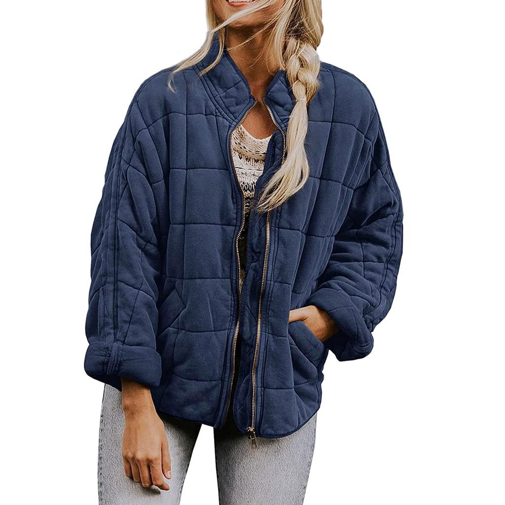 Women's Fashion Solid Color Stand Collar Cotton-Padded Jacket Loose Pocket Long Sleeve  Coat