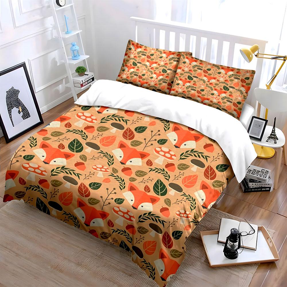 Autumn Fox and Nature Pattern Bedding Duvet Cover Set Duvet Cover Pillowcases (1*Duvet Cover 2*Pillowcases, without duvet insert)