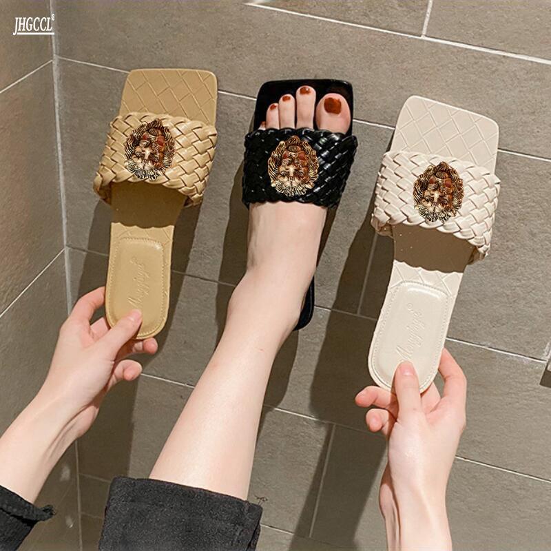 Модные НОВЫЕ дизайнерские женские тапочки Плетеные сексуальные сандалии Толстые без задника женские носить большие размеры коровьей кожи Т38