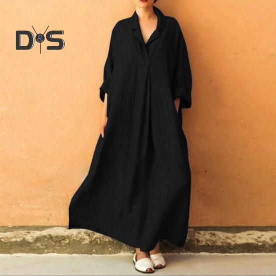 Autumn Spring Women Maxi Dress A-line Loose Hem Long Sleeves V Neck Pleated with Side Pockets Pullover Pure Color Daily Wear DressHandbags