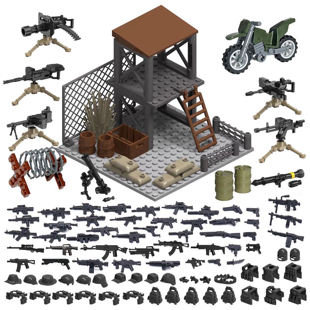 WWII Military Base Building Blocks Set: Observation Tower & Machine Gun Assembly Blocks