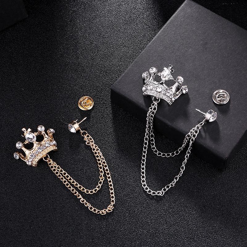 JY Fashion Brooch Vintage Crystal Crown Chain Pin for Men Jewelry Suits Accessories Lapel Badge Brooch