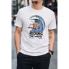 Plus Size - Men's T-Shirt S-5XL Featuring A Fun Surfer And Cat Riding The Waves Graphic Print With Okinawa Text - A Casual Short-Sleeve Round-Neck
