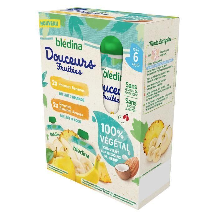 BLEDINA Gourdes Fruitées 100% Végétal - 2 Pommes Bananes Au Lait D'amandes Et 2 Pommes Bananes Ananas Au Lait De Coco - 4x90 G