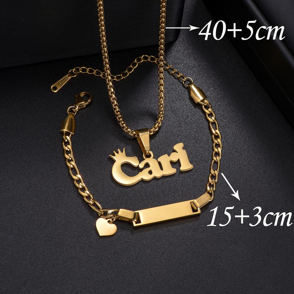 Atoztide Personalized Custom Names Necklace Bracelet Jewelry Set For Kids Stainless Steel Figaro Chain Crown Heart Birthday Gift