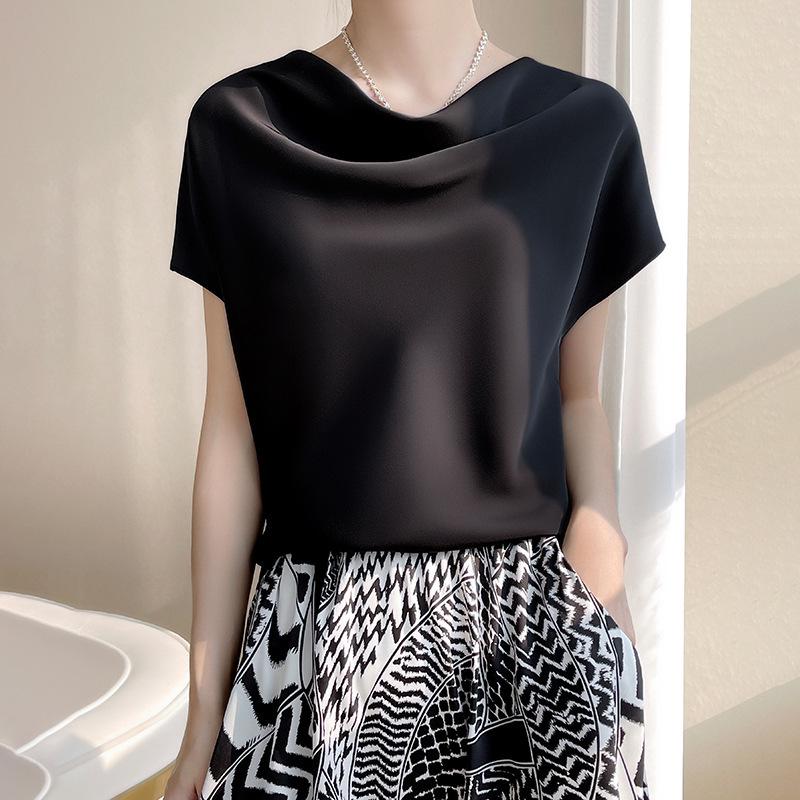 Women's Plus Size Cowl Neck Ice Silk Short Sleeve Loose-Fit Top