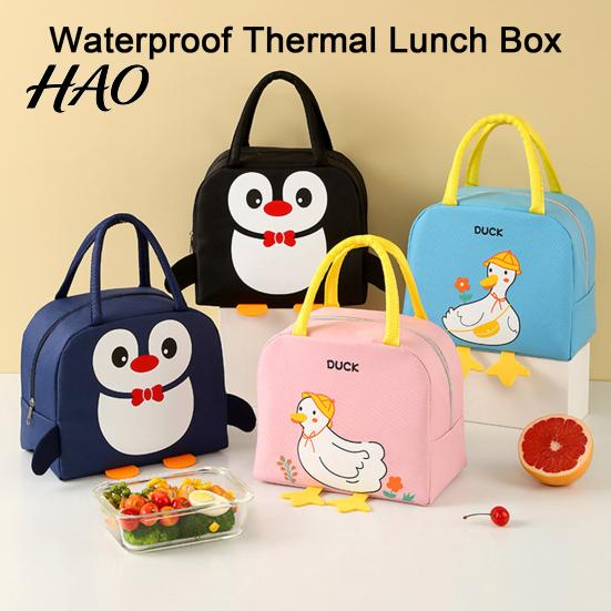 Durable Toddler Lunch Tote Cartoon Insulated Bag, Oxford Cloth Thermal Cooler Tote, Penguin/Duck Easy to Clean Snack Organizer Patterns Print,