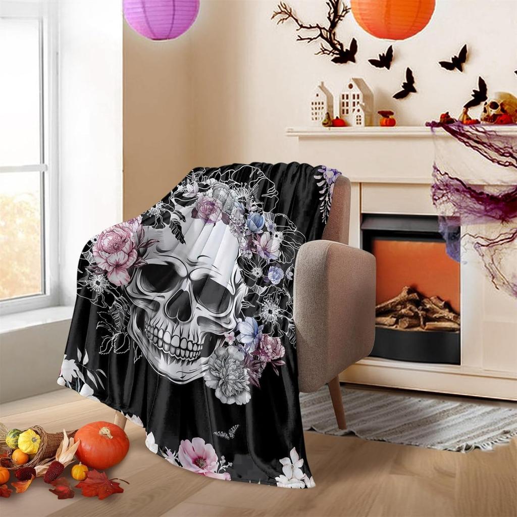 1PC Halloween Theme Throw Skeleton skull Flowers Gothic arts Thin Fashion Blanket Gifts for Couch Bed Car Home Camping all season use