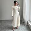 Autumn Winter Simple Solid Color Knitted Dress Women O Neck Long Sleeve Pleated Office Dresses Elegant Slim Robe Dress