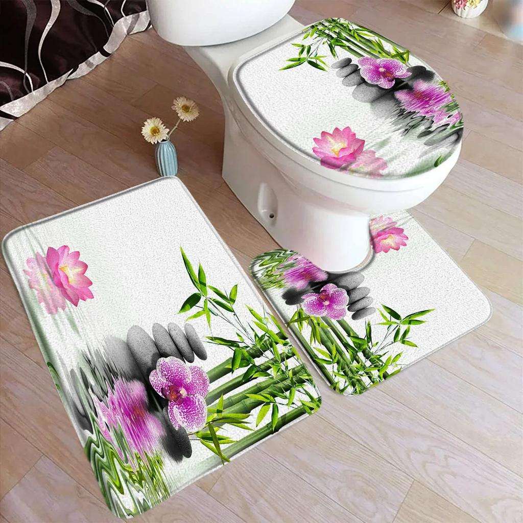 Zen Green Bamboo Bath Mat Set Natural Orchid Flower Black Stone Plant Home Carpet Bathroom Decorative Floor Rug Toilet Lid Cover