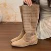Fashion 2025 Summer New Women's Natural Suede Leather Hollow-out Slip-on Knee High Boots Wedge Low Heel Casual Long Boot