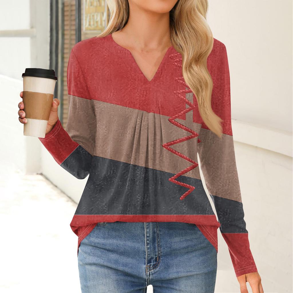 Women's Fashion Casual Long Sleeve Shirt Geometry Printed V Neck Up Tops
